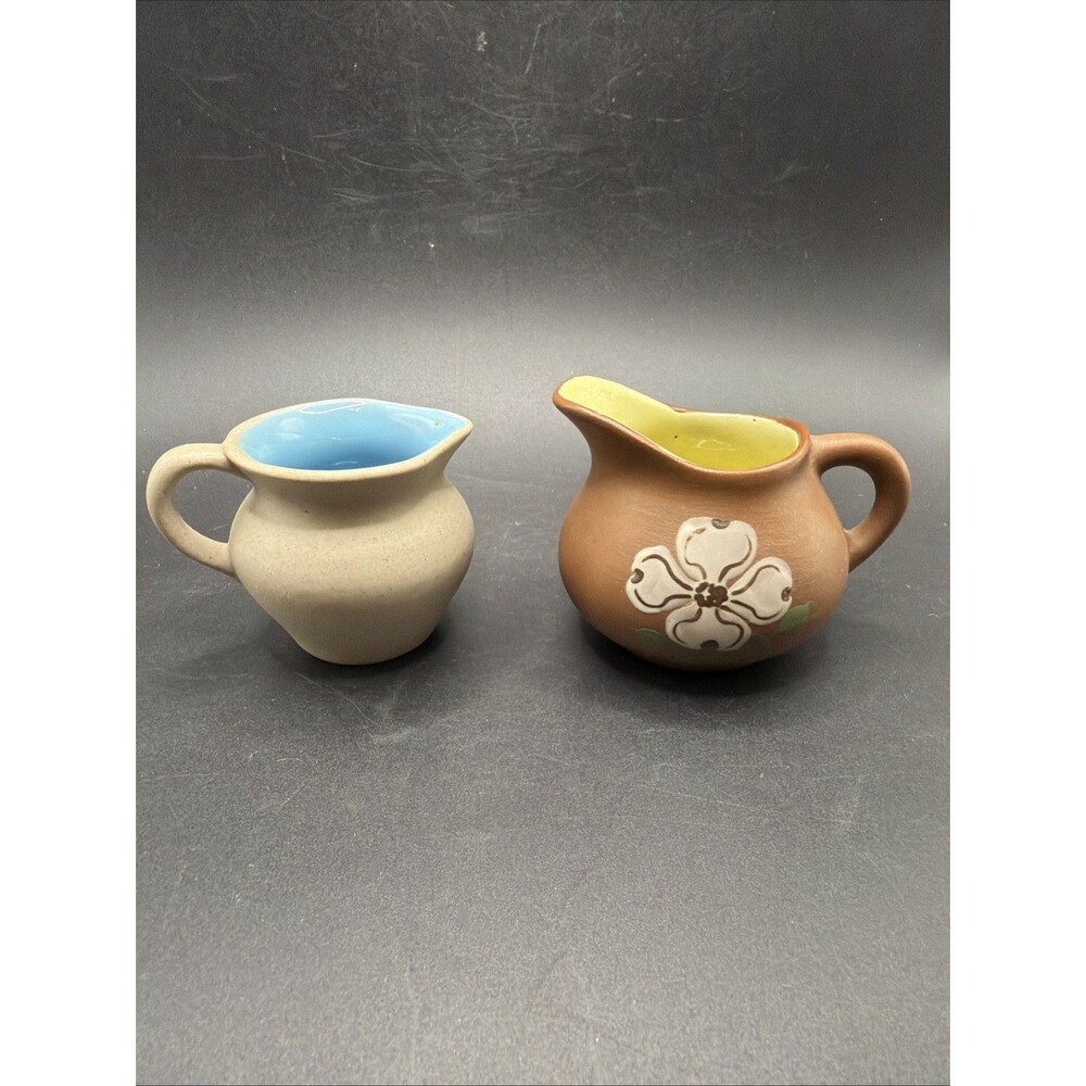 Pigeon Forge Pottery Dogwood Creamer Mini Pitcher 2.5” Brown Vintage Tan Blue-2